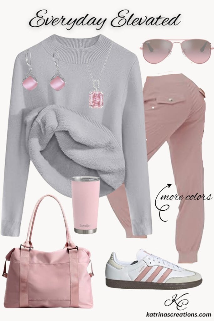 Cute pink athleisure outfit idea with gray sweater, blush joggers, white sneakers, pink tote bag, sunglasses, and accessories styled for a casual everyday look.