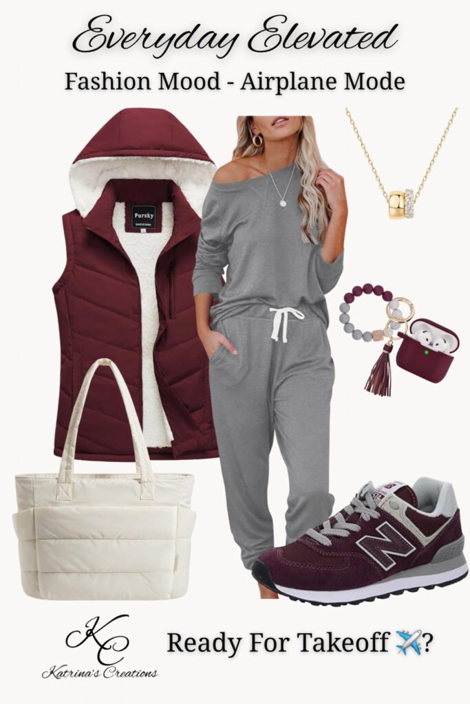 comfortable airplane outfit idea with grey lounge set, burgundy puffer vest, sneakers, tote bag, and travel accessories for airport style