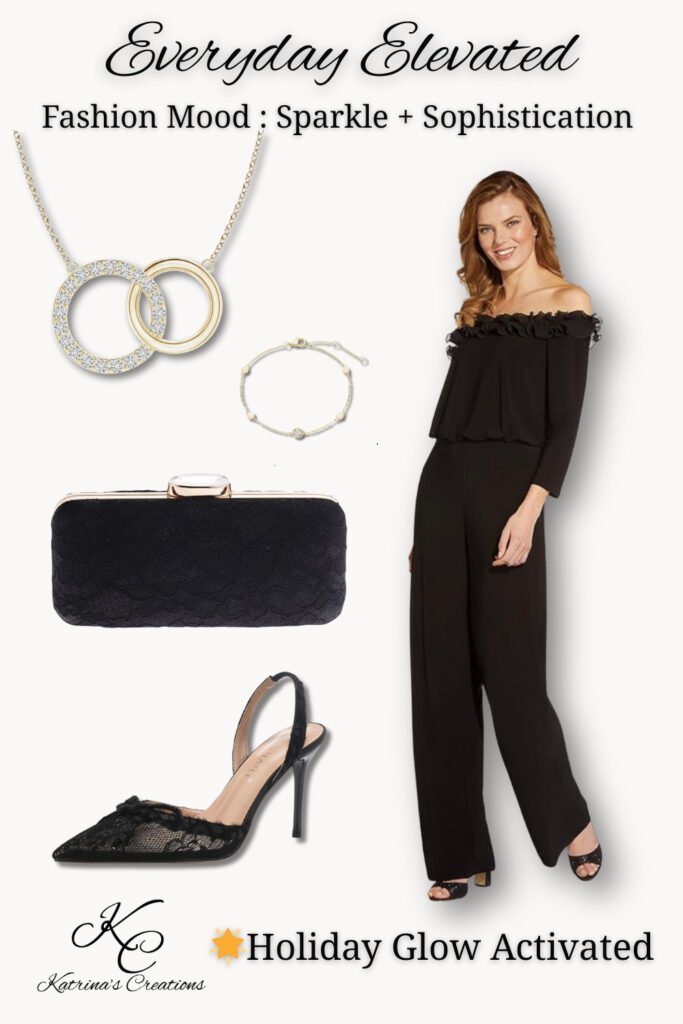 Black formal outfit with off-shoulder top and wide-leg pants styled with black heels, clutch purse, and sparkling jewelry for an elegant evening look