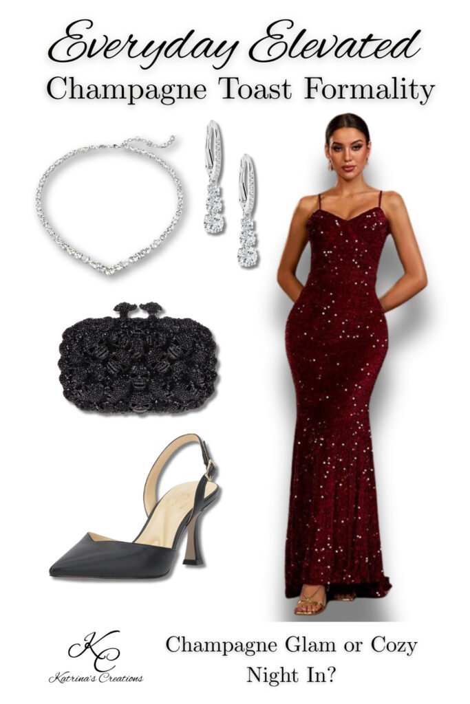 Elegant burgundy sequin formal dress styled with diamond necklace, drop earrings, black clutch, and black heels for an Everyday Elevated evening outfit idea.