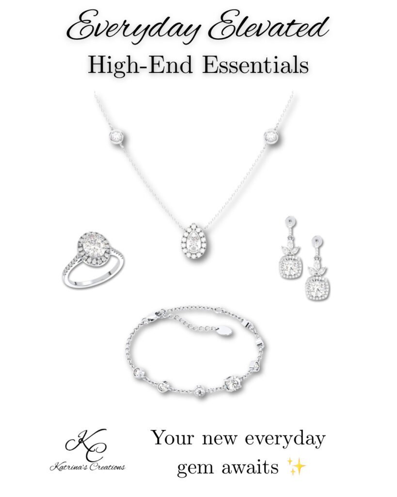 Silver high-end jewelry set featuring a delicate pendant necklace, coordinating drop earrings, statement ring, and matching bracelet displayed on a neutral background.
