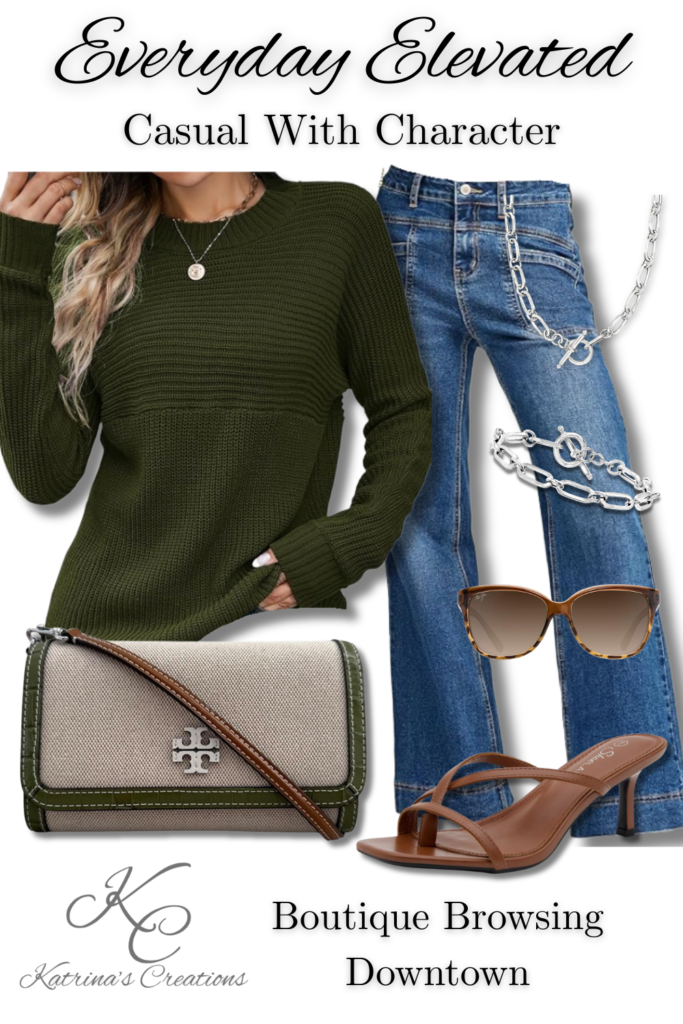 Casual chic outfit featuring olive green knit sweater, straight leg jeans, brown heeled sandals, tortoise sunglasses, and neutral crossbody bag styled for everyday elevated fashion.