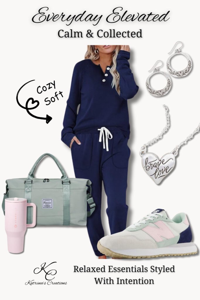 casual athleisure outfit for women with navy matching set, sneakers, travel bag, and everyday jewelry for cozy and comfortable style