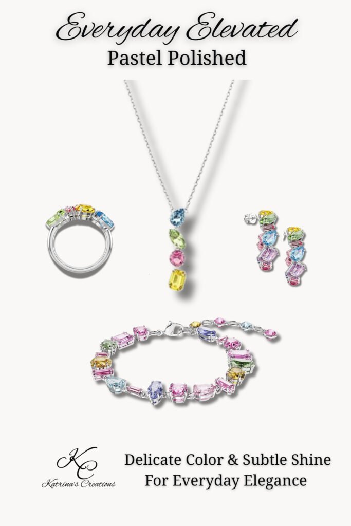 Pastel jewelry set with multicolor gemstone necklace, bracelet, ring, and earrings styled on a clean background for everyday elegant accessorizing