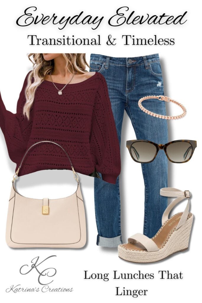 Transitional spring outfit featuring burgundy knit sweater, cuffed skinny jeans, neutral espadrille wedge sandals, cream structured handbag, tortoise sunglasses, and delicate bracelet styled for a long lunch date look.