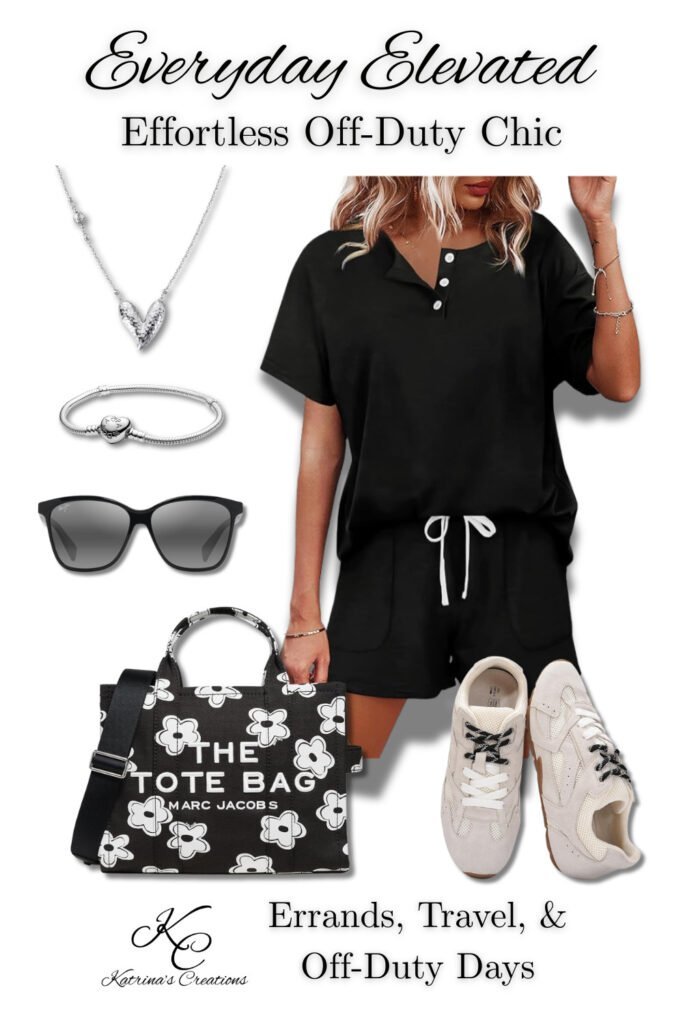 Off-duty athleisure outfit featuring a two-piece lounge set with drawstring shorts styled with neutral sneakers and tote bag.

