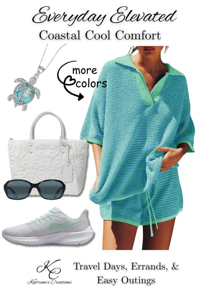 Coastal athleisure outfit for women with knit lounge set, quilted tote bag, sneakers, and sunglasses styled for vacation evenings.