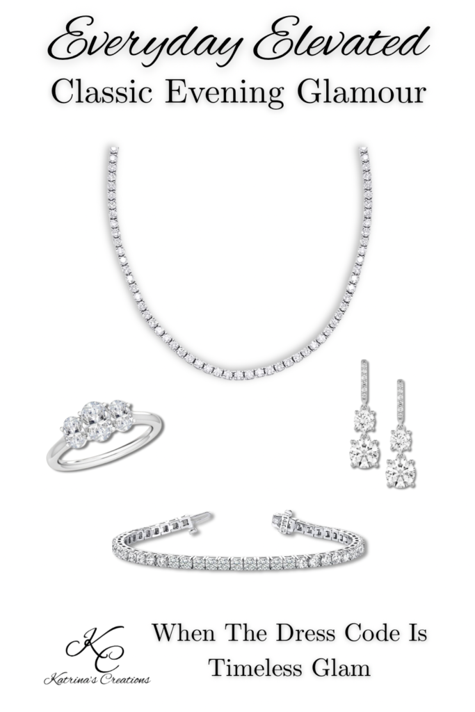 Classic silver tennis jewelry set with necklace, bracelet, earrings, and ring for formal evening wear