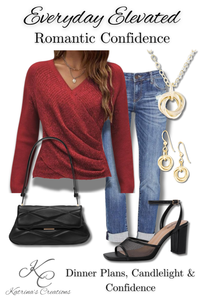 Valentine’s date night outfit with red wrap sweater, blue jeans, black heeled sandals, quilted black handbag, and gold statement jewelry styled in an Everyday Elevated look.
