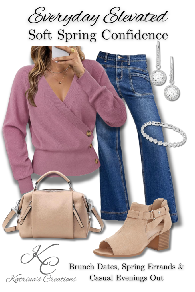 Spring outfit with blush wrap sweater, blue jeans, nude block heel booties, neutral handbag, and silver jewelry styled in an Everyday Elevated look.