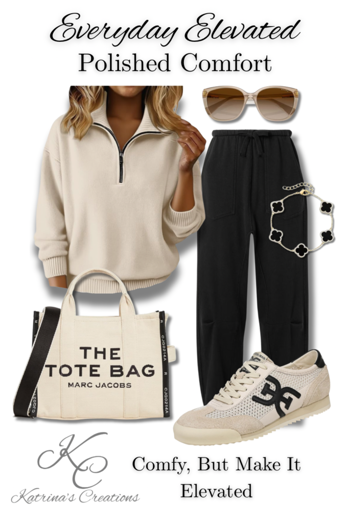 Neutral casual outfit with cream half-zip pullover, black jogger pants, cream tote bag, neutral sneakers, sunglasses, and minimalist bracelet styled on a white background