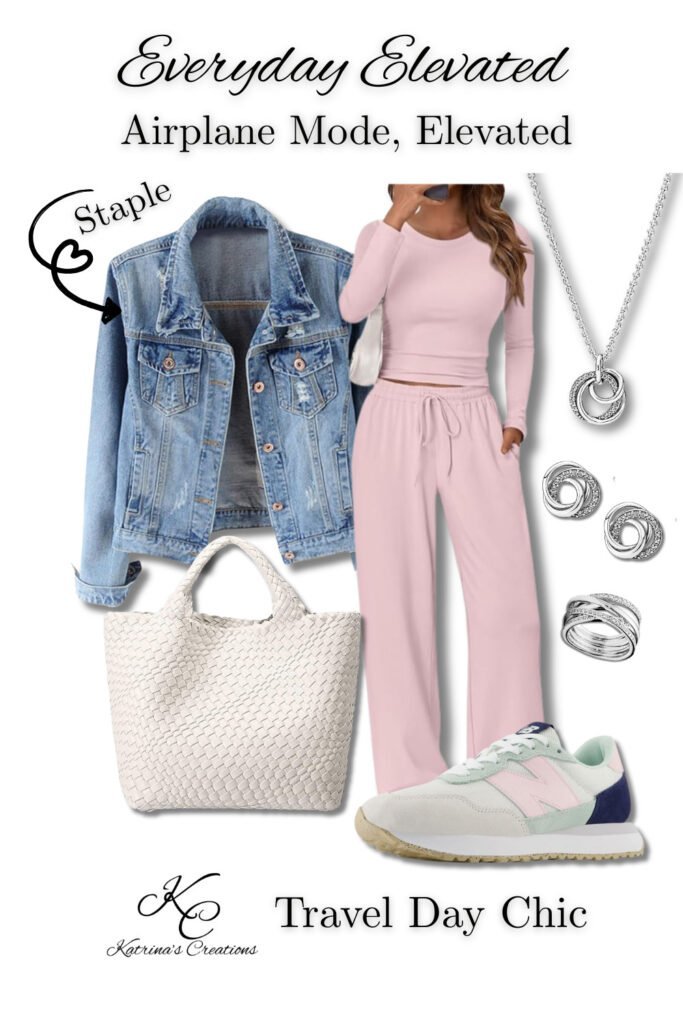 Everyday Elevated effortless travel day outfit featuring an athleisure set, light wash denim jacket, gray quilted tote bag, women’s sneakers, and silver necklace styled for early airport mornings.