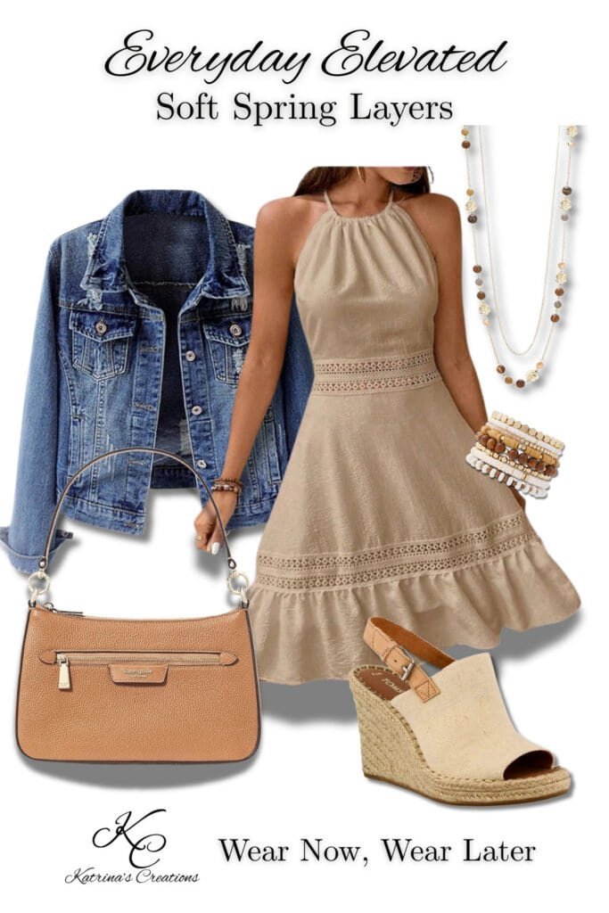 Halter dress styled with denim jacket, wedge espadrille sandals, handbag, sunglasses, and layered jewelry for a soft spring layered outfit idea.  