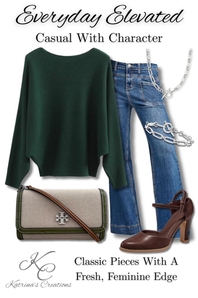 Everyday elevated casual outfit featuring a green knit sweater, classic blue jeans, block-heel shoes, structured crossbody bag, and bold silver chain jewelry styled for modern everyday wear.
