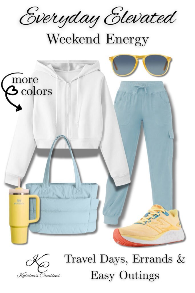 Casual weekend athleisure outfit with light blue joggers, white zip-up hoodie, colorful sneakers, and tote bag for everyday errands