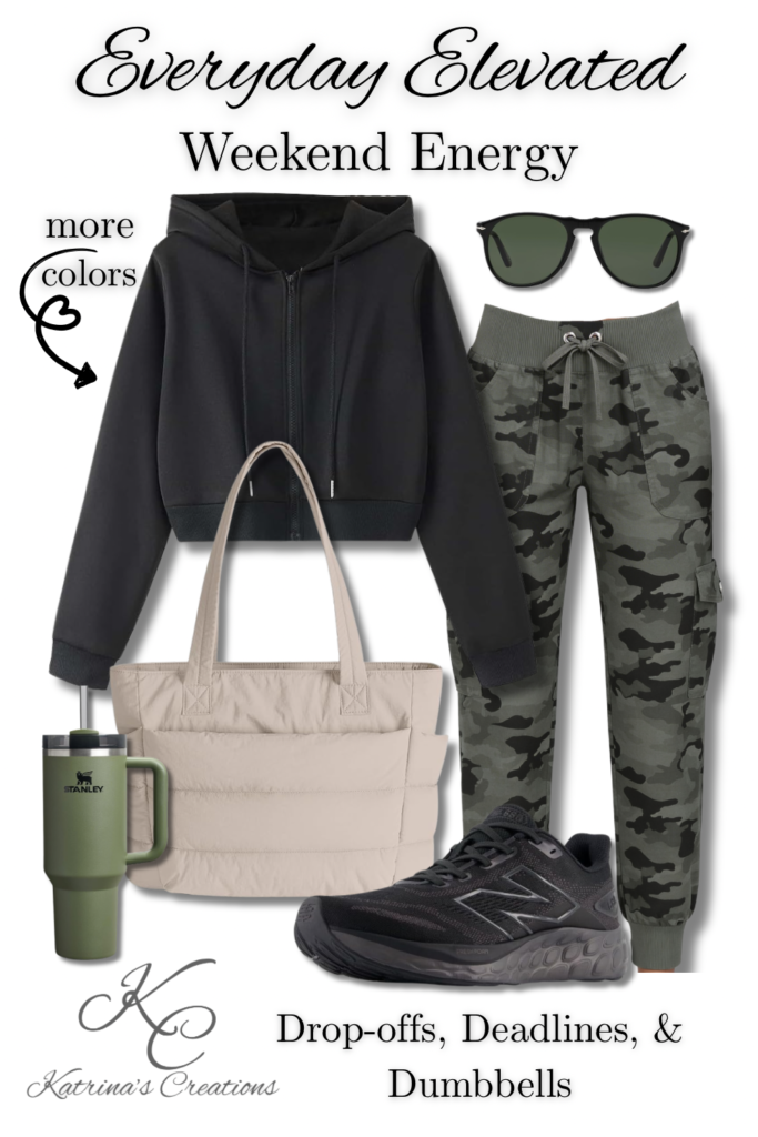 Camo weekend athleisure outfit for women featuring camo joggers, black zip hoodie, sneakers, tote bag, and sunglasses styled in a sporty chic everyday outfit idea.
