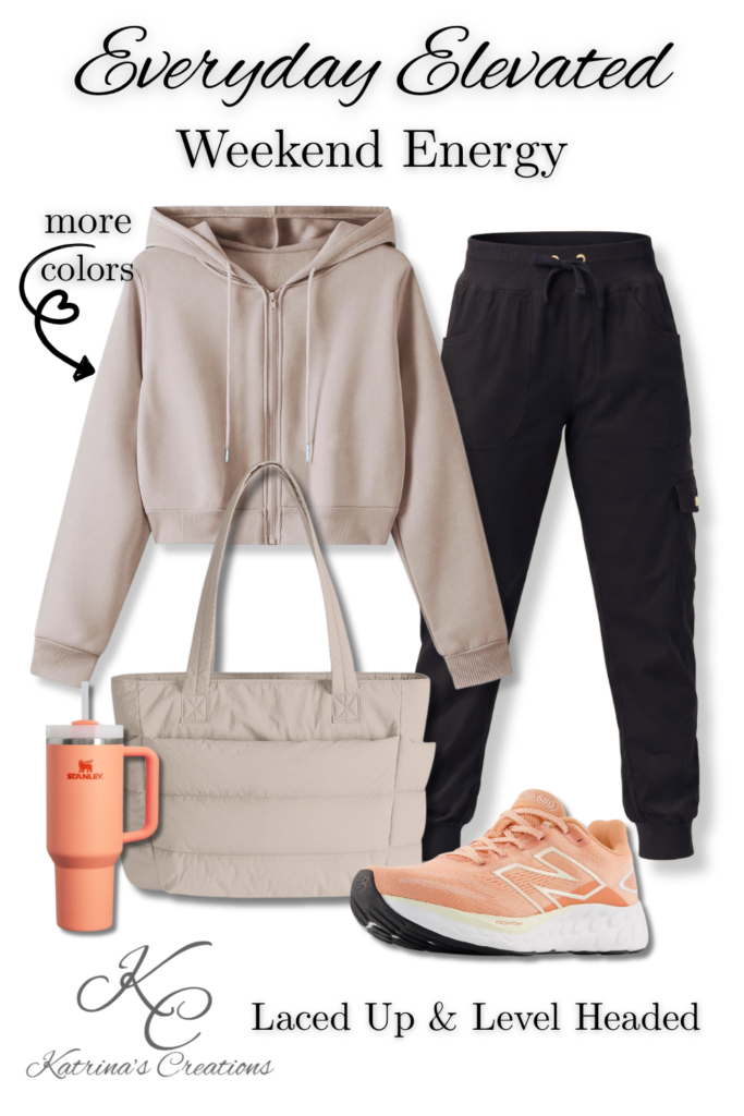Neutral weekend athleisure outfit for women featuring black joggers, beige hoodie, coral sneakers, tote bag, and Stanley tumbler styled in a sporty everyday outfit idea.