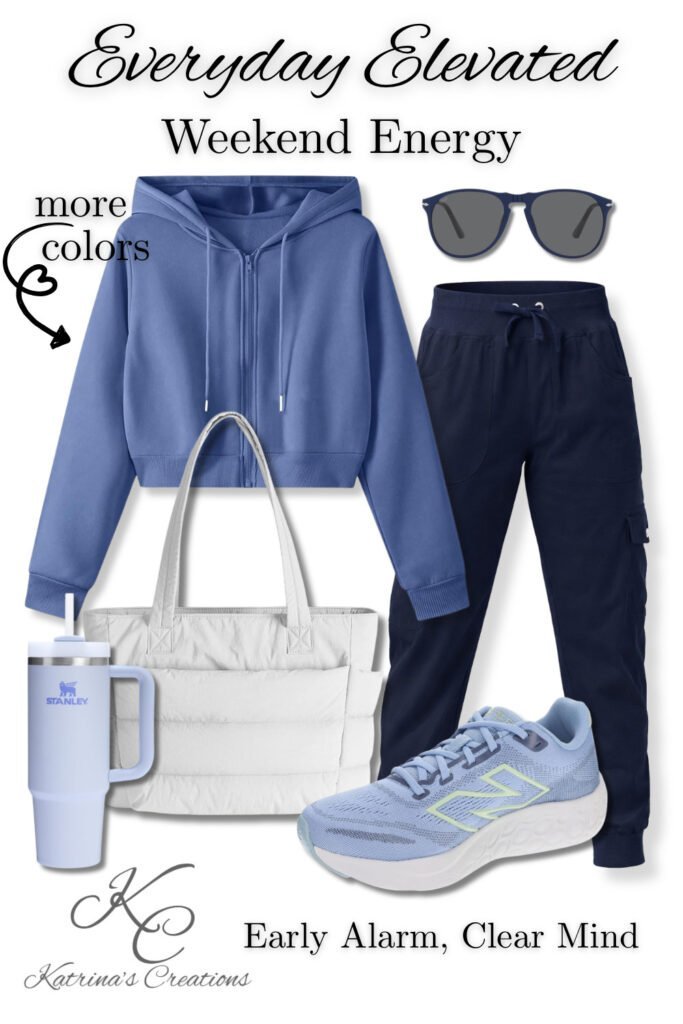 Weekend athleisure outfit featuring a white hoodie, blue joggers, sneakers, tote bag, and travel tumbler styled for errands, travel days, and casual weekend outings.
