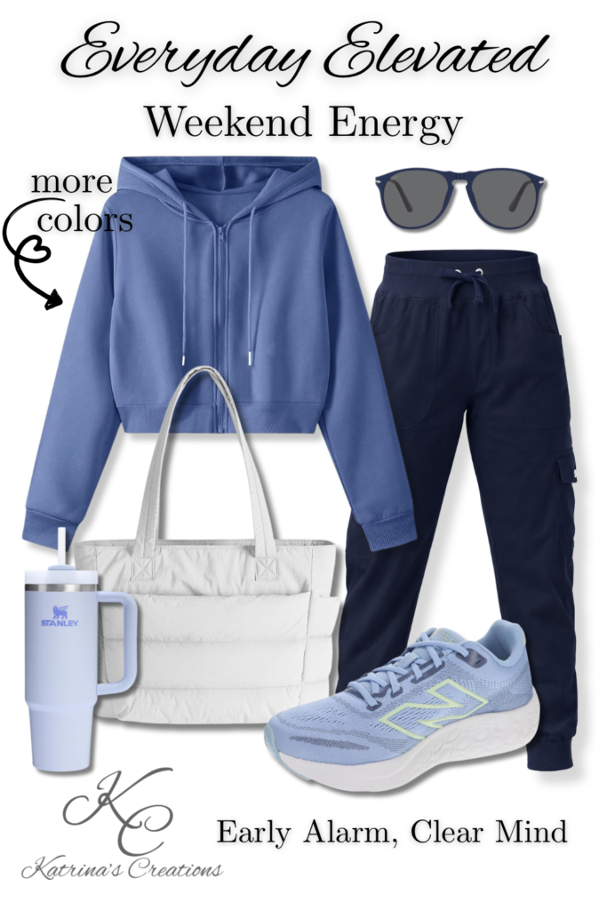 Weekend athleisure outfit featuring a white hoodie, blue joggers, sneakers, tote bag, and travel tumbler styled for errands, travel days, and casual weekend outings.
