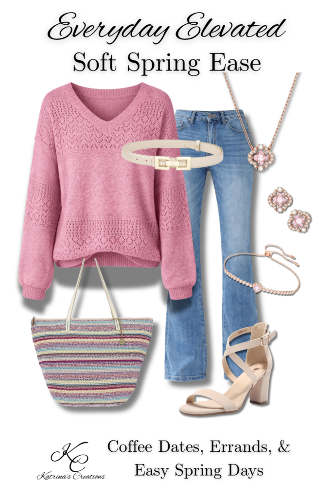 Pink lightweight knit sweater styled with blue jeans, neutral wedges, colorful tote bag, and rose-tone jewelry for a casual spring transition outfit.
