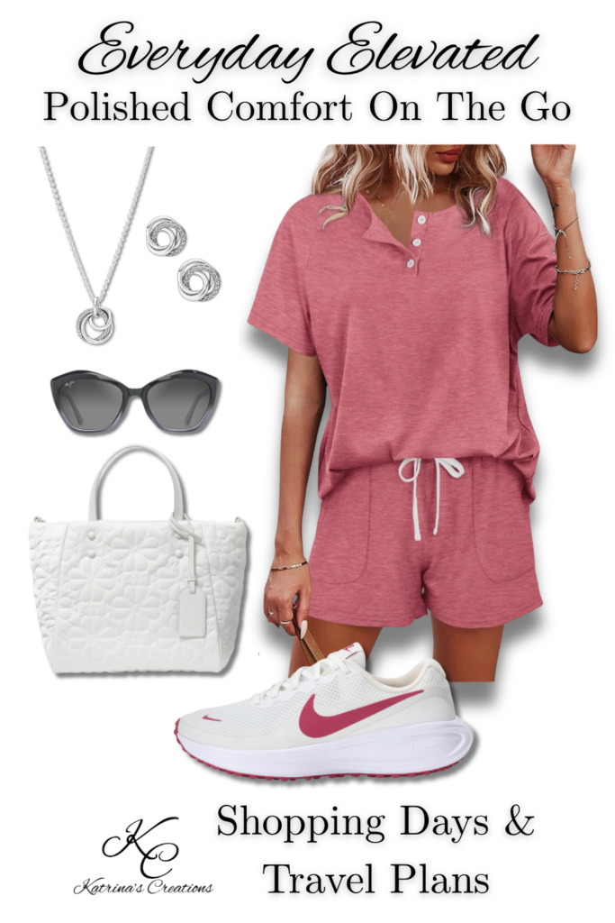 Women’s casual travel outfit featuring a rose pink matching lounge set with short-sleeve top and drawstring shorts, white Nike sneakers, white quilted tote bag, silver jewelry, sunglasses, and comfortable elevated accessories for shopping or travel days.