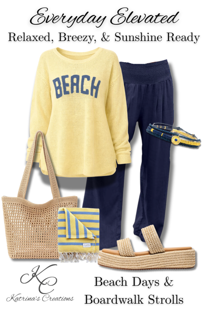 Coastal summer outfit with yellow beach sweater, navy flowy pants, woven platform sandals, straw tote bag, and blue and yellow accessories styled in an Everyday Elevated look.