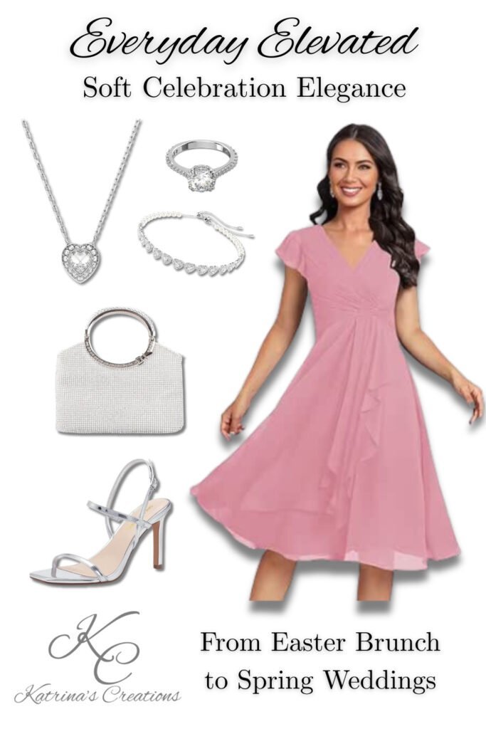 Spring wedding guest dress outfit featuring soft pink midi dress styled with silver necklace, bracelet, ring, sparkly clutch, and heels, perfect for Mother’s Day, Easter, and spring wedding guest outfits.