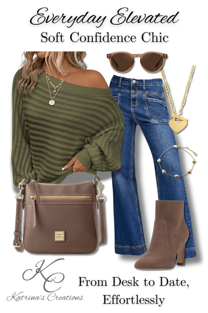 Casual chic outfit with olive knit sweater, jeans, gold heart jewelry, brown crossbody bag, sunglasses, and ankle boots for date night or workday wear.