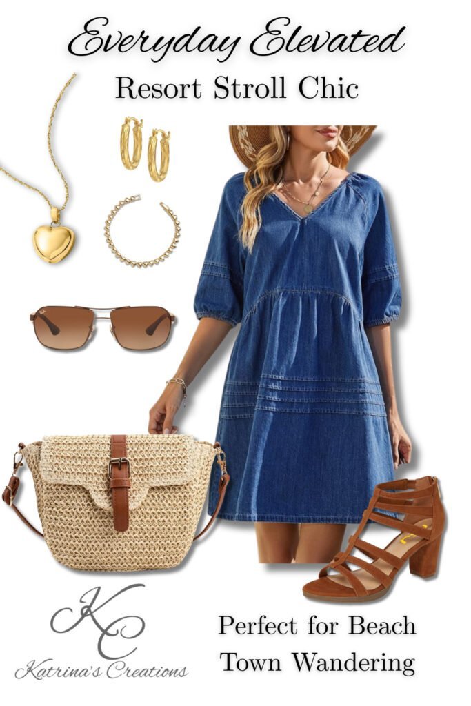 resort casual outfit for women featuring Denim dress styled with gold jewelry, woven crossbody bag, sunglasses, and block heel sandals for beach town strolling.