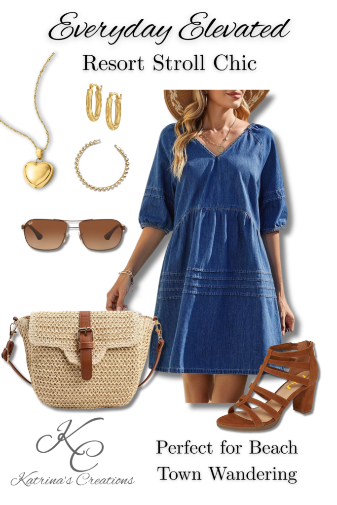 Denim dress styled with gold jewelry, woven crossbody bag, sunglasses, and block heel sandals for beach town strolling and resort vacation wear.