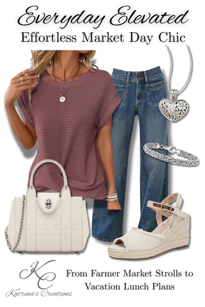 Mauve waffle-knit short sleeve top styled with high-rise blue jeans, neutral espadrille wedge sandals, a cream structured tote bag, and silver heart necklace and bracelet for a casual spring outfit perfect for errands or a farmers market stroll.