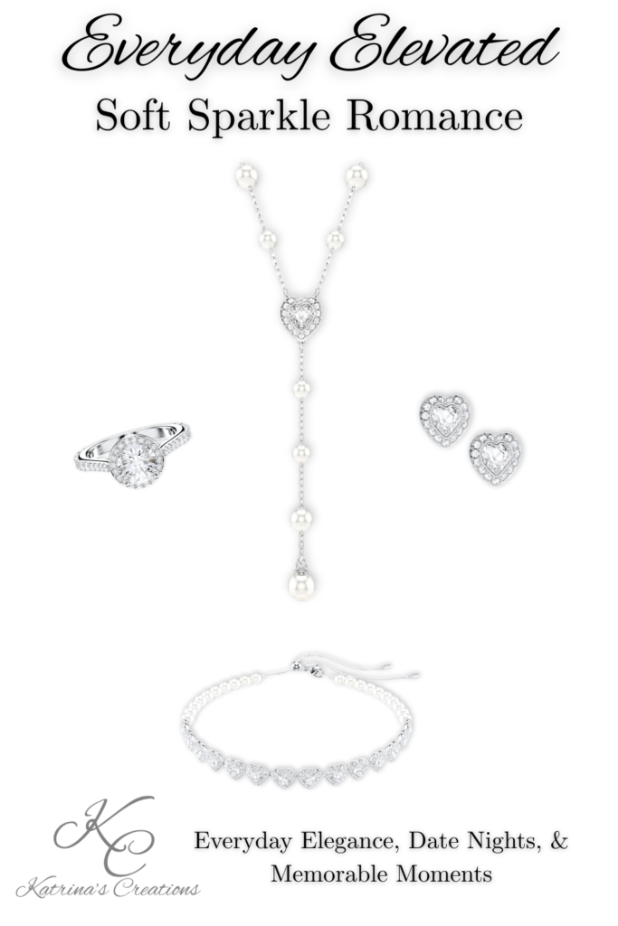 Silver heart jewelry set featuring a drop necklace, matching earrings, bracelet, and ring with sparkling crystal details, styled on a white background for an elegant everyday jewelry look.