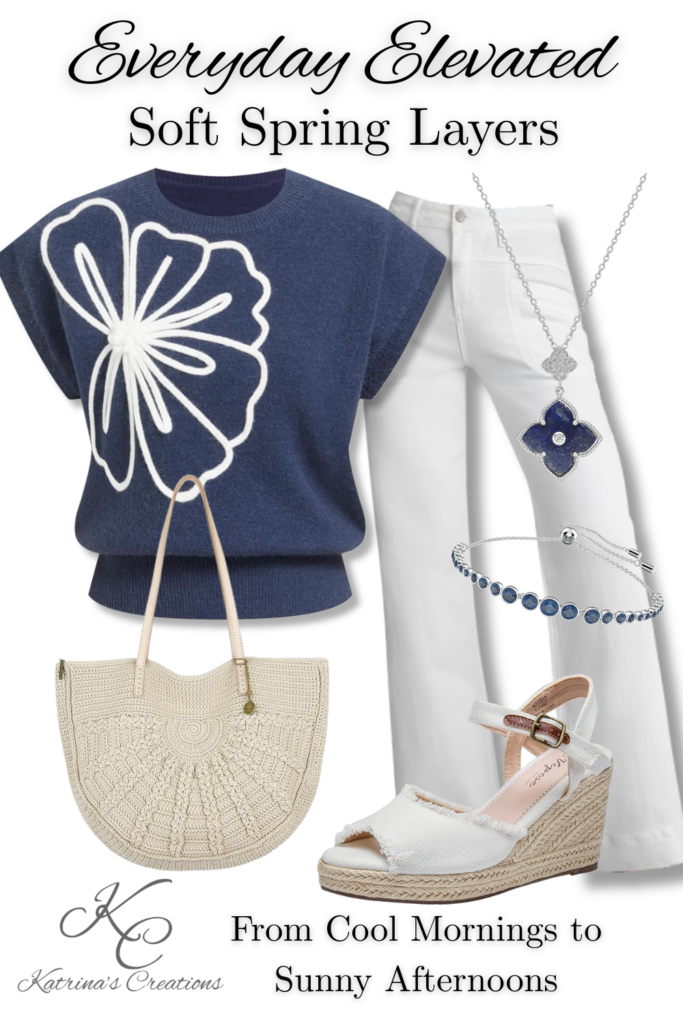 Casual spring outfit featuring white pants styled with a navy floral sweater, woven crochet tote bag, white espadrille wedge sandals, and blue statement jewelry for a layered look from cool mornings to sunny afternoons.