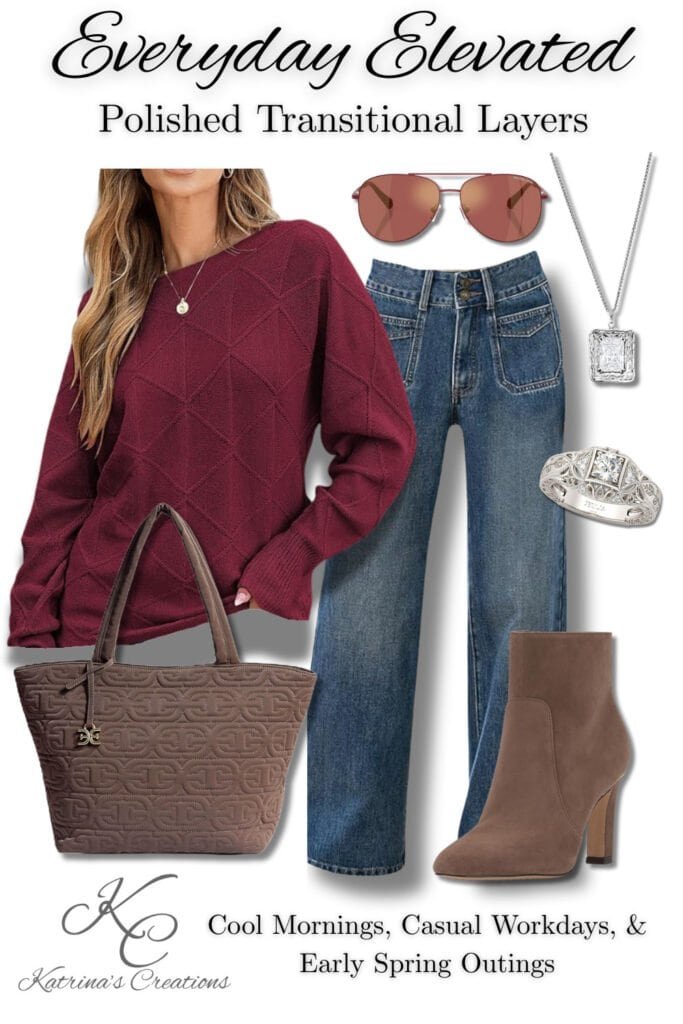 Transitional late winter to early spring outfit featuring a burgundy sweater, straight-leg jeans, neutral tote bag, ankle boots, sunglasses, and silver jewelry.