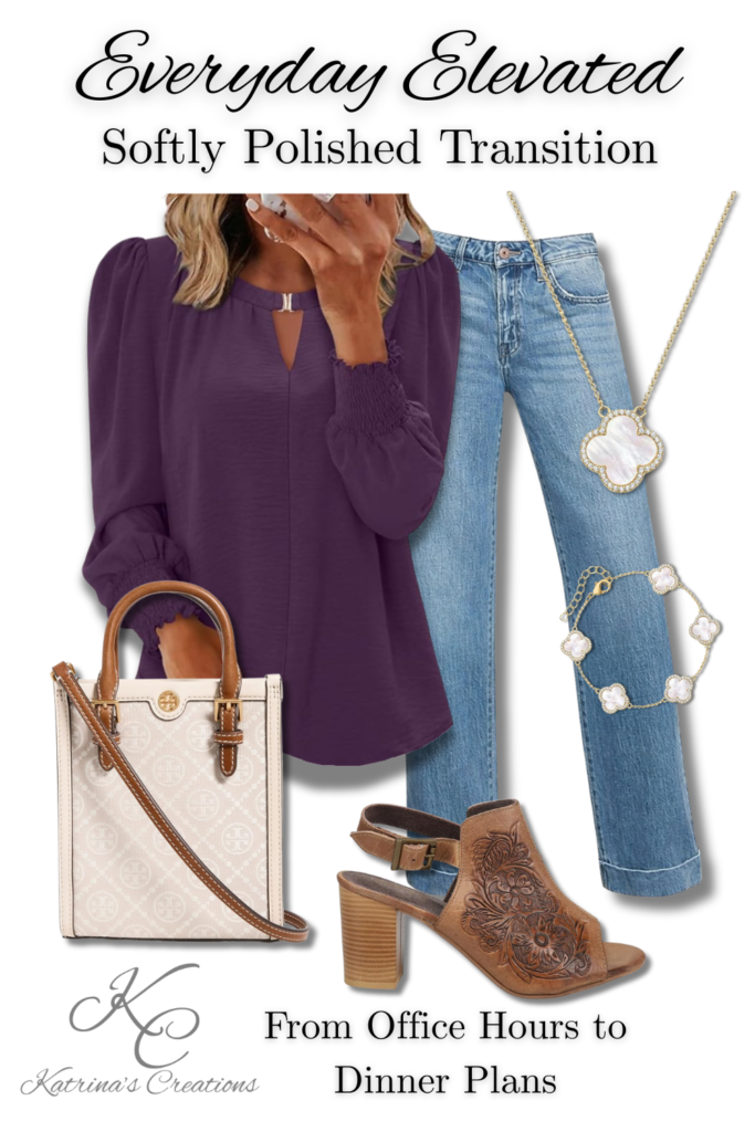 Purple long-sleeve blouse styled with light-wash straight-leg jeans, carved brown heeled sandals, a structured neutral handbag, and delicate gold jewelry for a polished seasonal transition outfit suitable for work or date night.