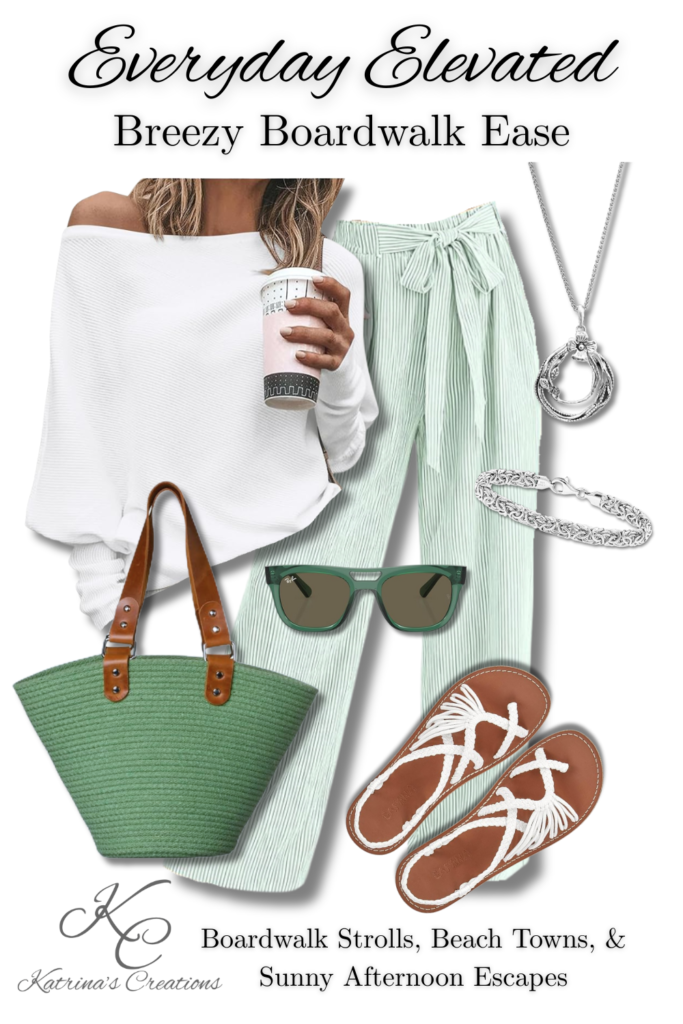 Off-shoulder white top styled with lightweight green striped pants, flat white sandals, a woven green tote bag, sunglasses, and silver jewelry for a breezy boardwalk stroll outfit.