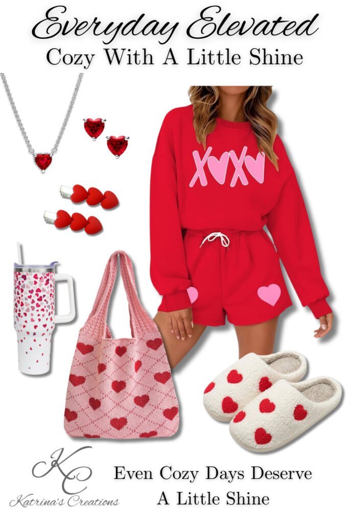 Red Valentine lounge set styled with heart jewelry, cozy slippers, a knit heart tote bag, and soft accessories for a comfortable yet elevated Valentine’s Day outfit.