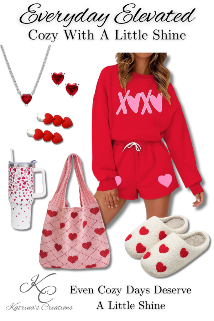 Red Valentine lounge set styled with heart jewelry, cozy slippers, a knit heart tote bag, and soft accessories for a comfortable yet elevated Valentine’s Day outfit.