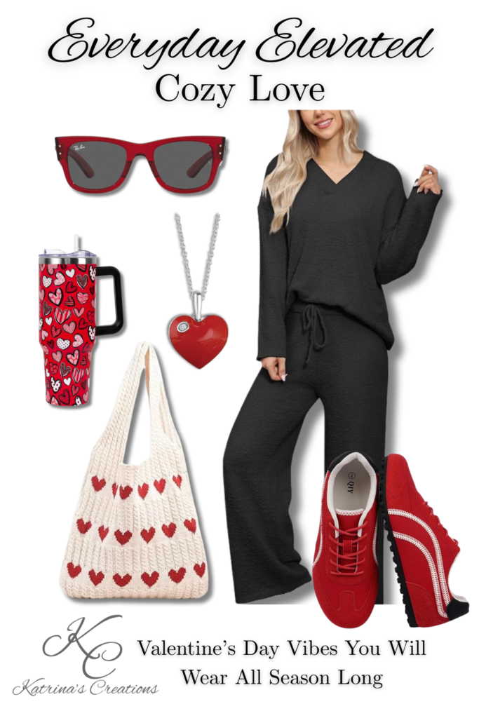 Black lounge set styled with red sneakers, heart-pattern tote bag, Valentine jewelry accents, sunglasses, and casual accessories for a cozy Valentine’s Day outfit wearable beyond the holiday.
