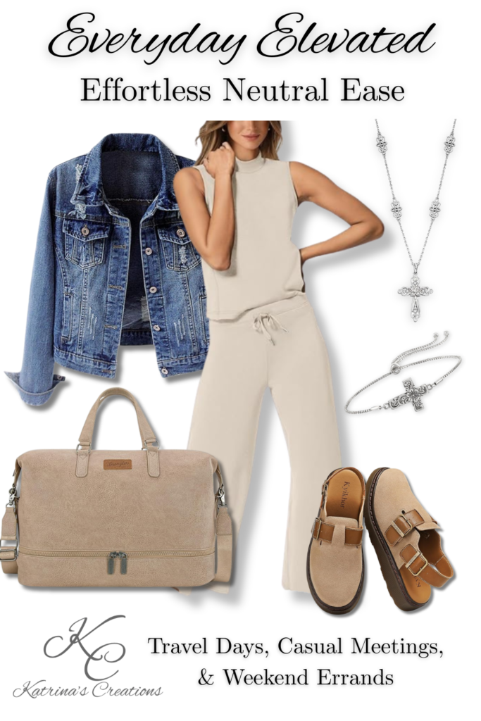 Flat lay outfit featuring a neutral sleeveless jumpsuit styled with a denim jacket, beige clogs, structured travel bag, and silver jewelry for an effortless everyday elevated look.