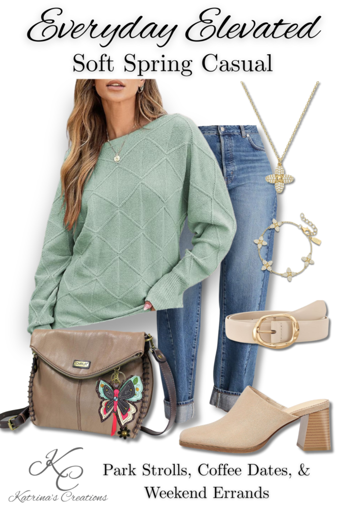Flat lay style outfit featuring a light green textured sweater, cuffed blue jeans, neutral heeled mules, beige belt, gold jewelry, and a taupe crossbody bag styled for spring park strolls and casual daytime outings.