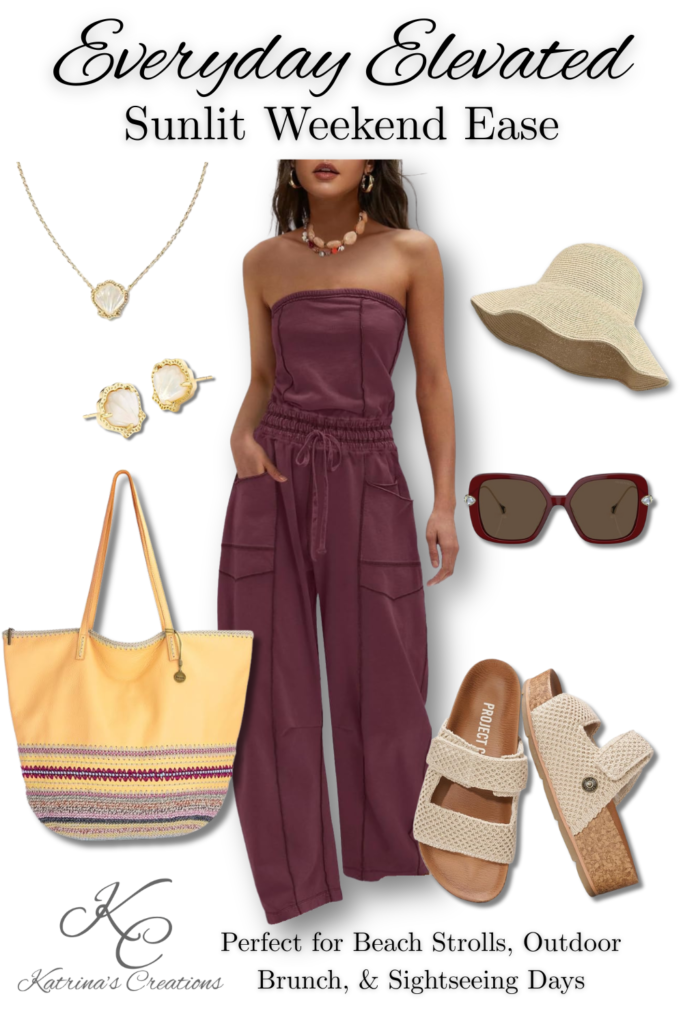 Flat lay style outfit featuring a strapless mauve jumpsuit styled with woven slide sandals, a straw sun hat, colorful tote bag, statement sunglasses, and gold jewelry for an elevated summer casual look.