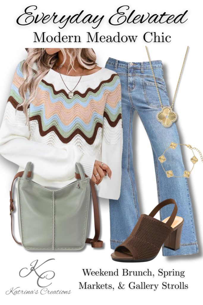 Spring outfit featuring a patterned knit sweater with earth-tone waves, straight-leg blue jeans, sage green crossbody bag, brown block-heel slingback sandals, and coordinating gold pendant necklace and bracelet styled in an everyday elevated look.