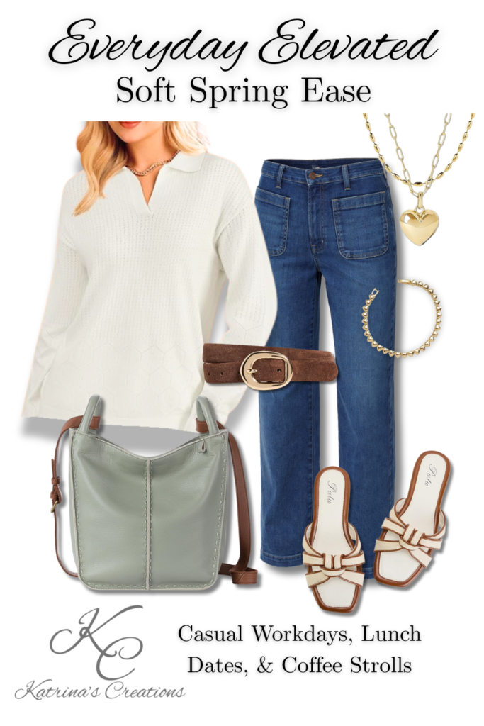 Transitional spring outfit featuring a soft neutral knit sweater, straight-leg blue jeans, sage green crossbody bag, tan slide sandals, brown belt, and gold heart necklace styled in an everyday elevated casual look.