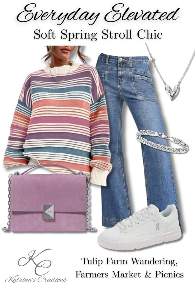 Spring stroll outfit idea featuring a pastel striped sweater, straight-leg blue jeans, white sneakers, a lavender crossbody bag, and silver heart necklace and bracelet styled for a farmers market or park stroll.