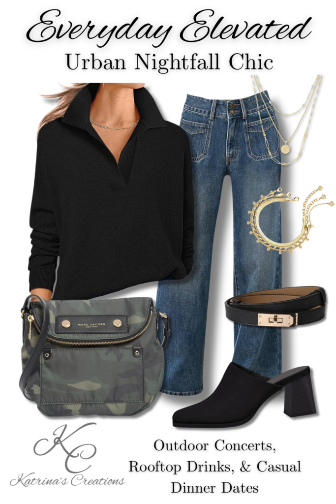Spring transition outfit featuring a black collared knit top, wide-leg blue jeans, black block-heel mules, camo crossbody bag, black belt, and layered gold necklace and bracelet styled in an everyday elevated look.