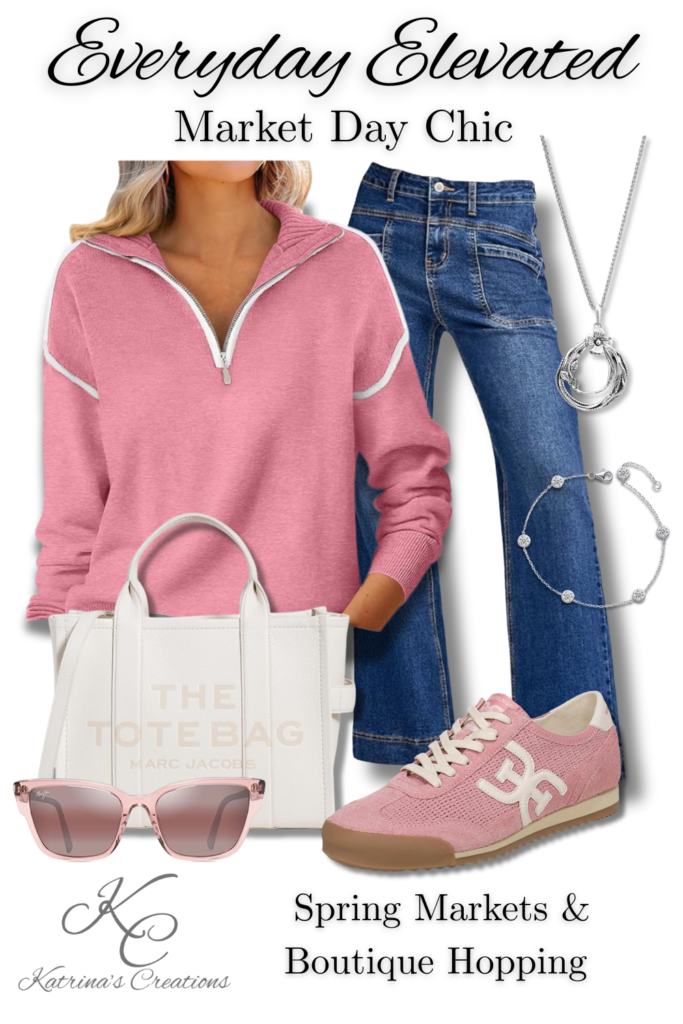 Spring market outfit featuring a pink half-zip pullover, straight-leg blue jeans, blush sneakers, a structured white tote bag, pink sunglasses, and silver jewelry styled for outdoor shopping and spring markets.