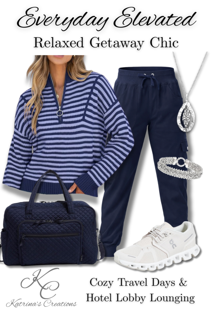 Relaxed travel outfit featuring a striped half-zip sweater, navy joggers, white cushioned sneakers, quilted travel bag, and silver necklace and bracelet styled for a weekend getaway.
