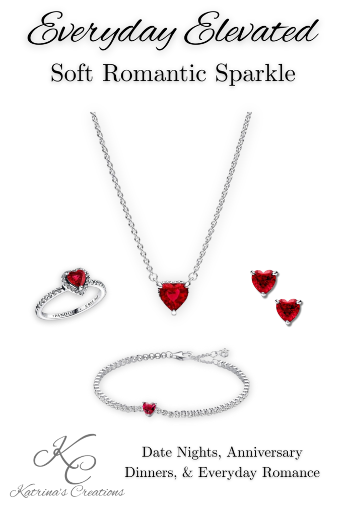 Elegant silver heart jewelry set featuring a red heart necklace, matching bracelet, earrings, and ring styled on a clean white background.