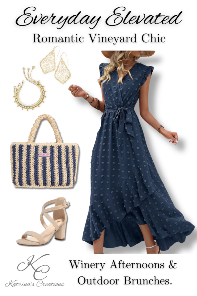 Romantic spring outfit featuring a navy midi dress with ruffle details, neutral block heel sandals, woven straw tote bag, and gold jewelry styled for a winery or outdoor event.